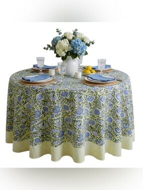 Farmhouse Floral Tablecloth 100% Cotton 60” Round - BLUE GREEN